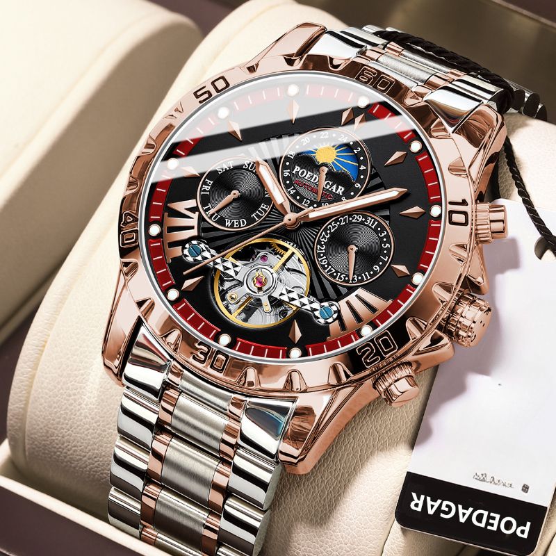 Men Automatic Nical Watch Hollow Tourbillon Waterproof Luminous Date Week Stainless Steel Men's Watches - Herrenschmuck