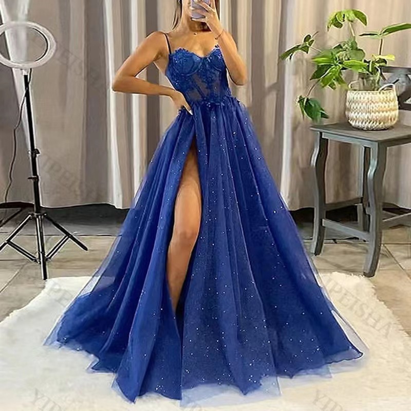 Suspender Evening Dress Cross Border New Style Birthday Party Little Sister Party Evening Dress High Waist Slim Side Slit ...