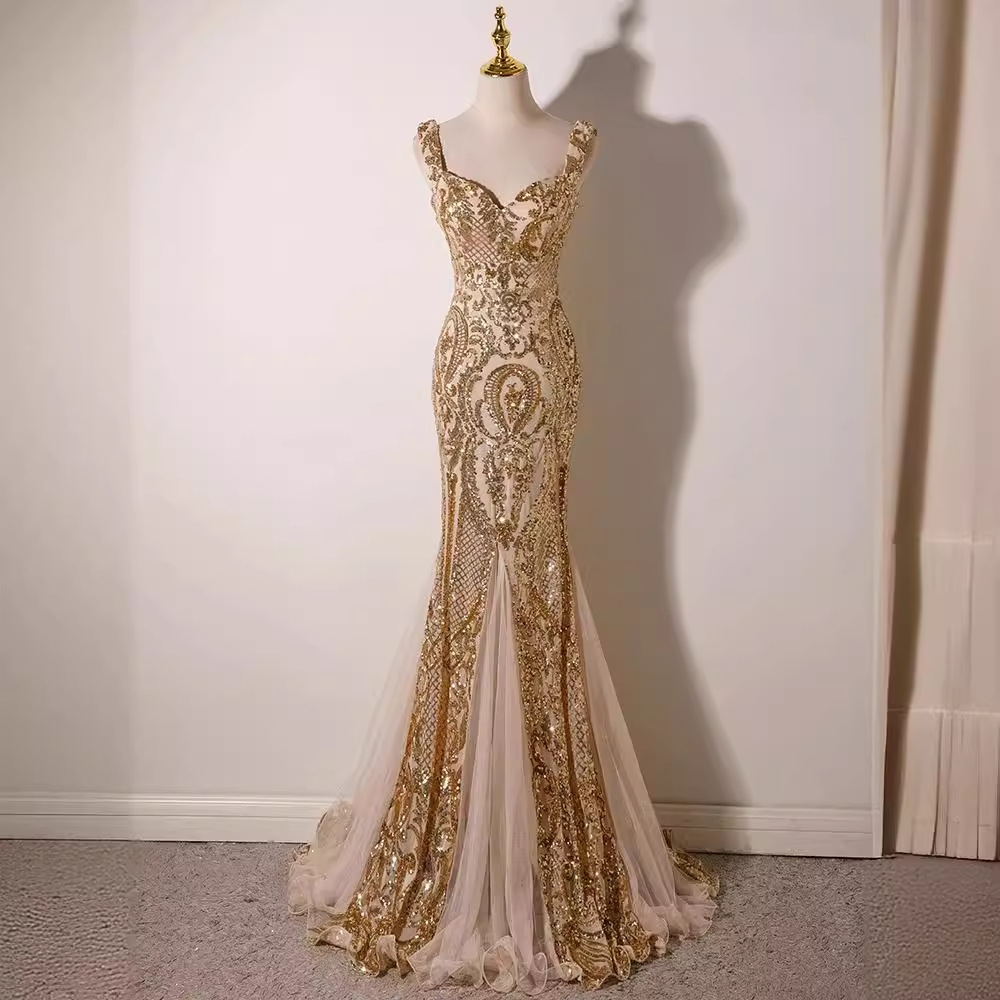 Women's Clothing Golden Evening Dress For Women New Style High End Banquet Temperament Socialite Princess Style Shiny Fish...