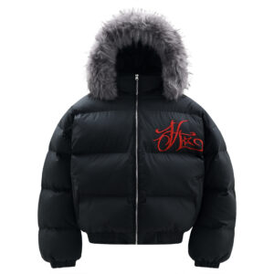 Unisex Winter Hooded Puffer Jacket With Detachable Faux Fur Collar - Loose Fit Thickened Warm Coat, Trendy Embroidery Desi...