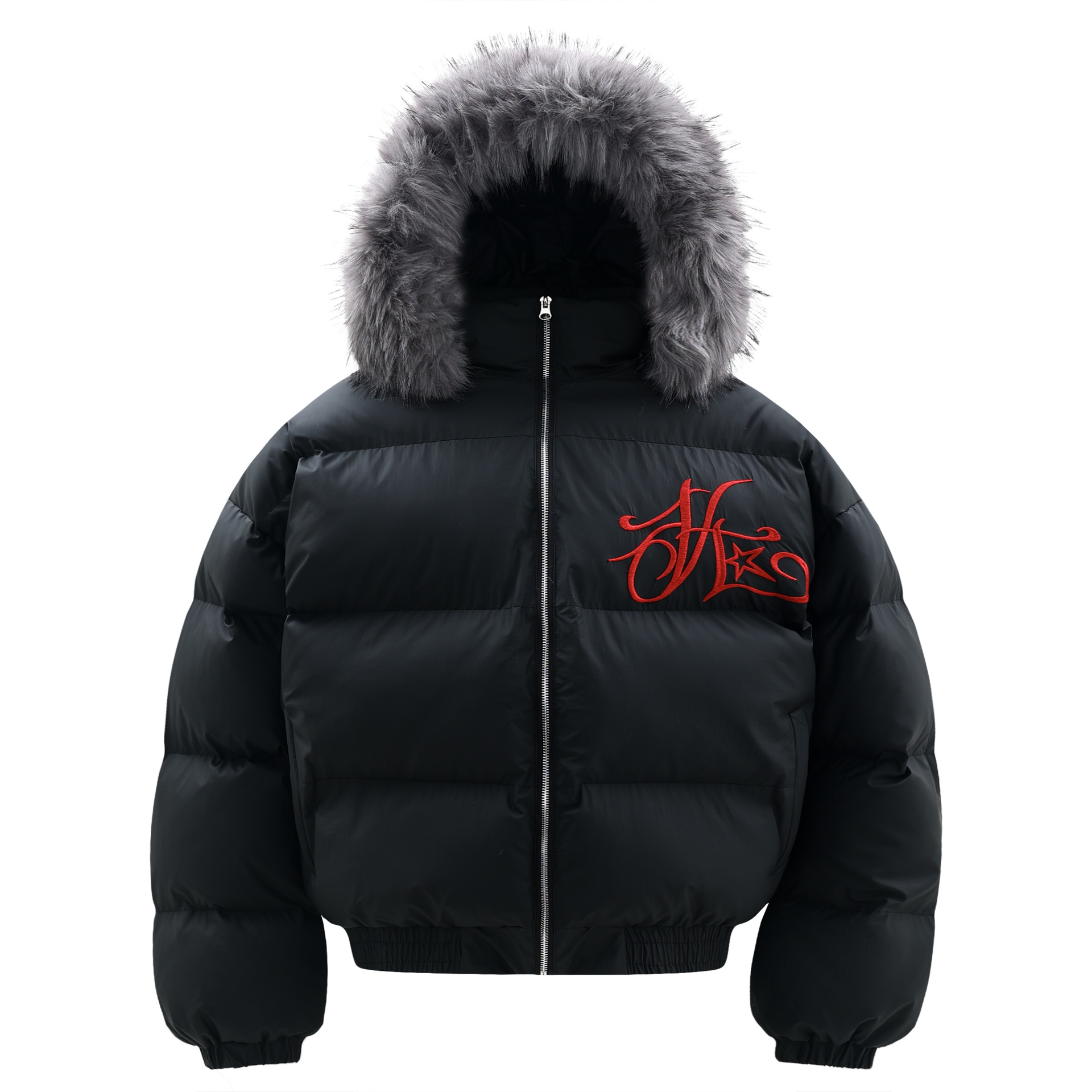 Unisex Winter Hooded Puffer Jacket With Detachable Faux Fur Collar - Loose Fit Thickened Warm Coat, Trendy Embroidery Desi...