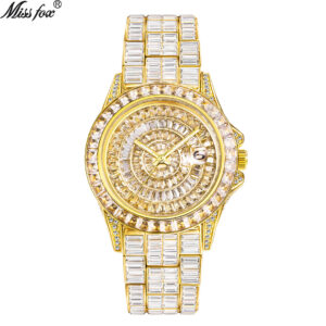 MISSFOX European And American Fashion Trend Square Diamond Full Diamond Watch High-end Zircon Waterproof Quartz Men's Watc...