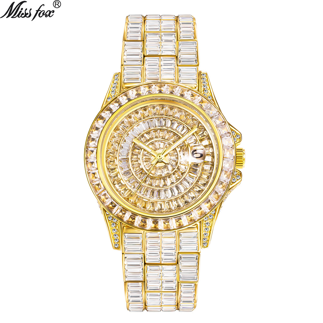 MISSFOX European And American Fashion Trend Square Diamond Full Diamond Watch High-end Zircon Waterproof Quartz Men's Watc...