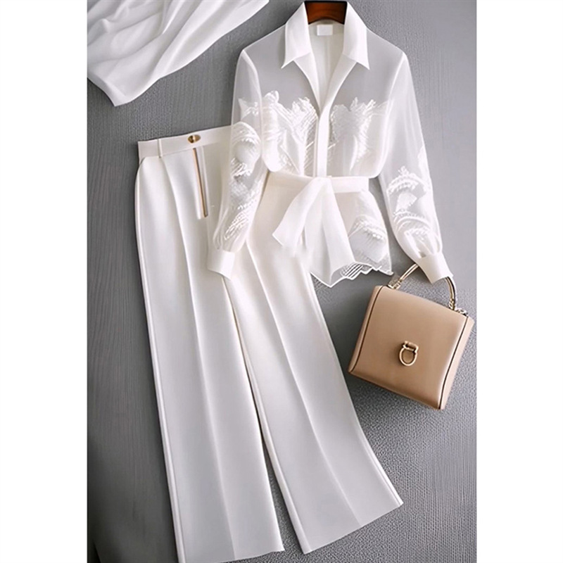 Women's Clothing Capable Temperament Women's Clothing High End Salty Light Mature Professional White Shirt Wide Leg Pants ...