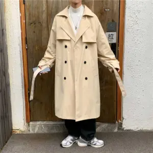 Men's Coats Grey Khaki Black Trench Fashion Casual Double Breasted Long Coat Men Korean Loose Windbreaker Jacket Mens - He...