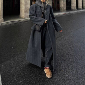 Women's Clothing Long Button Gray Striped Coat Lapel Loose Temperament Pocket Commuter Jacket - Damenbekleidung