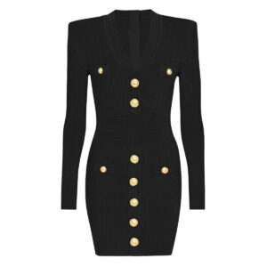 Elegant V-Neck Knit Dress – Slim Fit Long Sleeve Bodycon Dress With Embroidered Detail (Black/White/Pink)​ - Damenbekleidung
