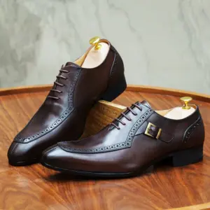 Men's Luxury Leather Dress Shoes Brown/Black Office Business Wedding Formal Lace-Up Pointed Toe Oxford With Buckle - Schuhe
