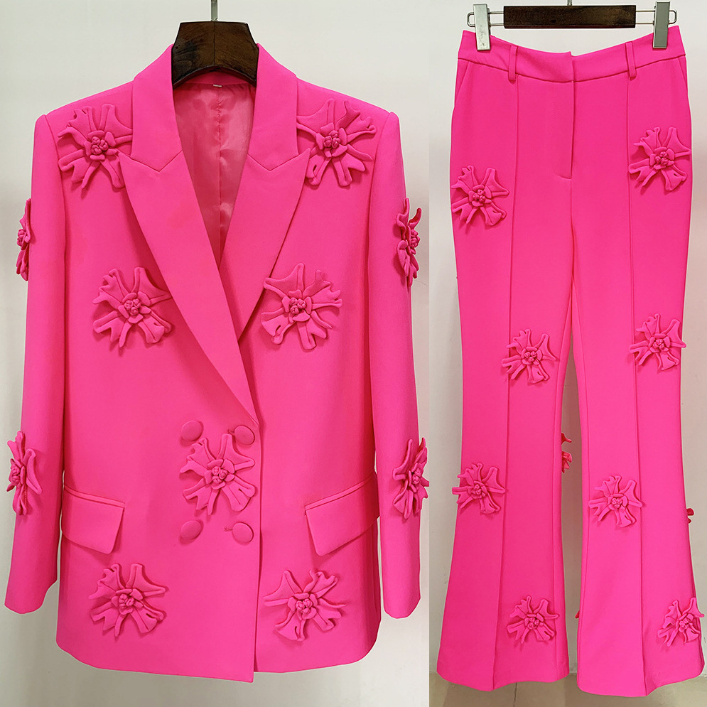 Women's Clothing Heavy Duty Three Dimensional Flower Elegant Double-Breasted Suit Set With 3D Floral Embroidery - Matching...