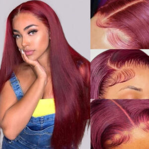 Human Hair Wig 13x4 Frontal Lace Female Long Straight Hair Wine Red Human Hair Lace Wig100%human Hair Wigs 99J 20in 30in -...