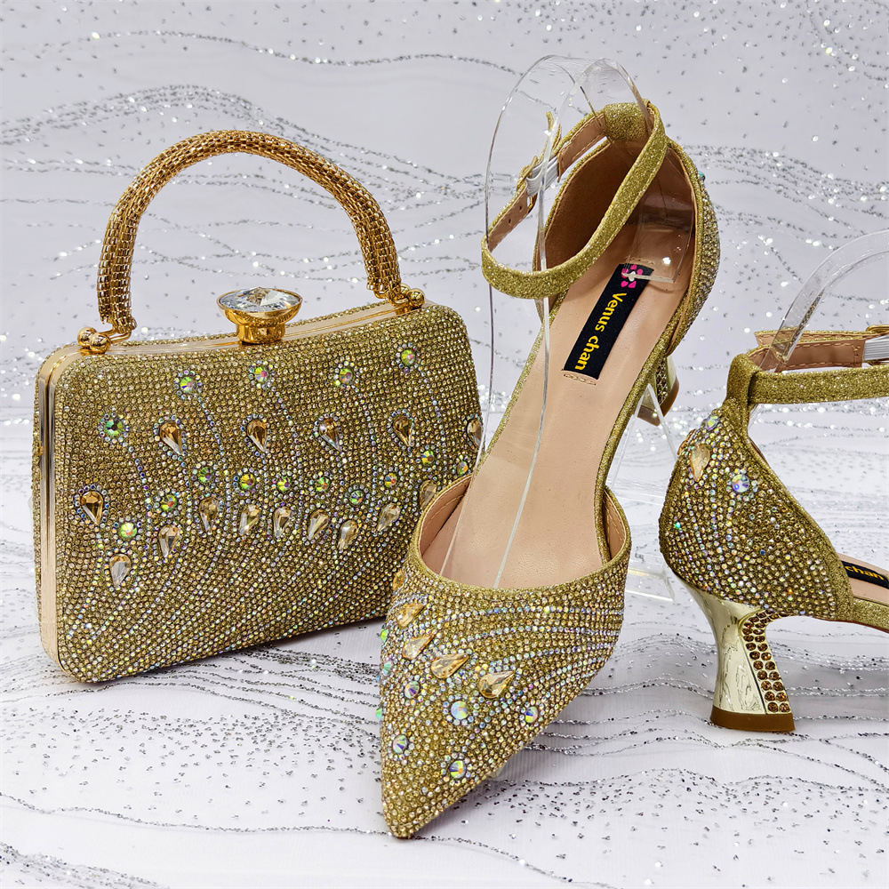 Women's High-Heel Sandals And Handbag Set Gold European And American Style Women's Pointed High Heels, Catwalk Shoes, Squa...