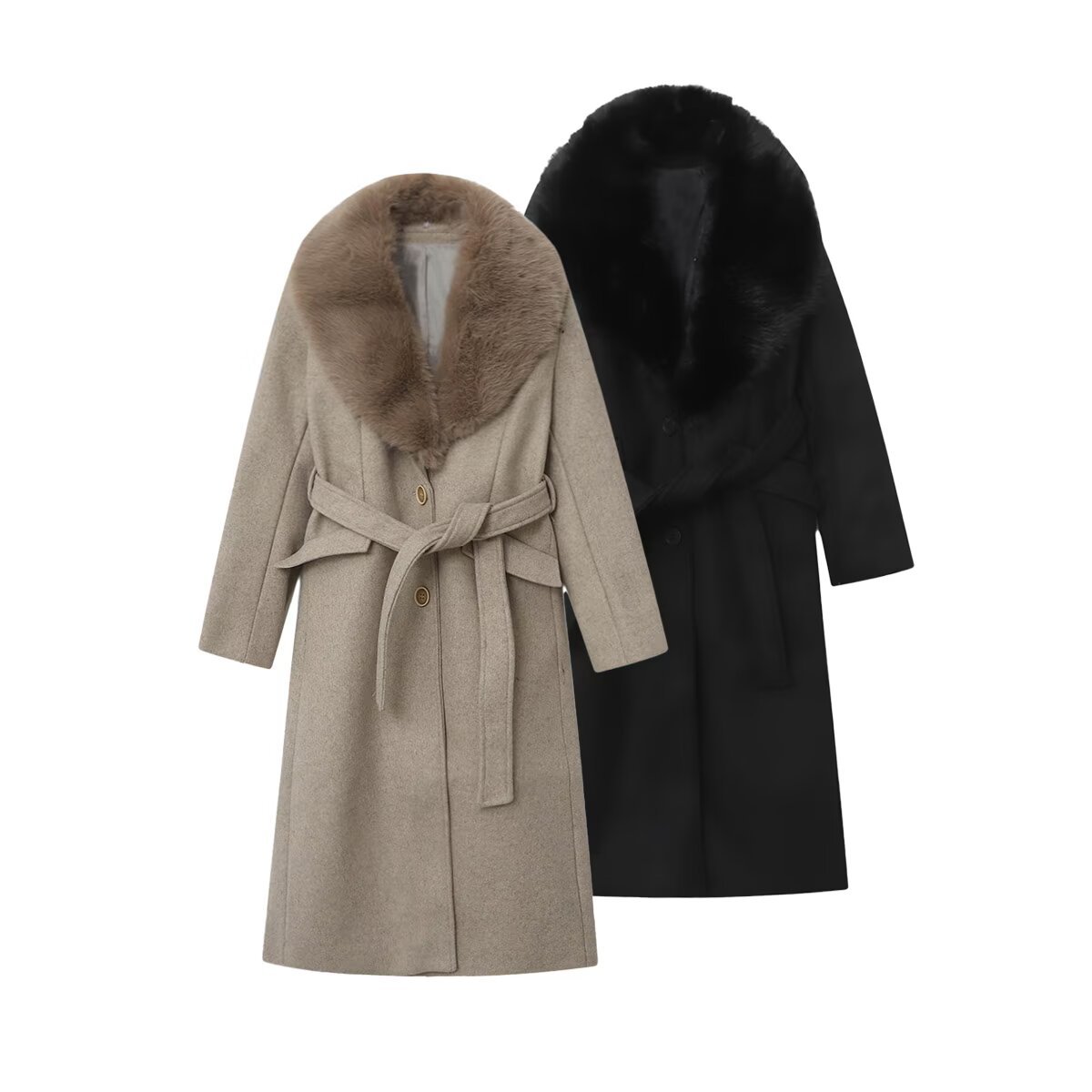 Elegant Belted Wool Coat For Women - Winter Long Trench Coat With Faux Fur Collar, Slim Fit, Double-Breasted, Street Style...