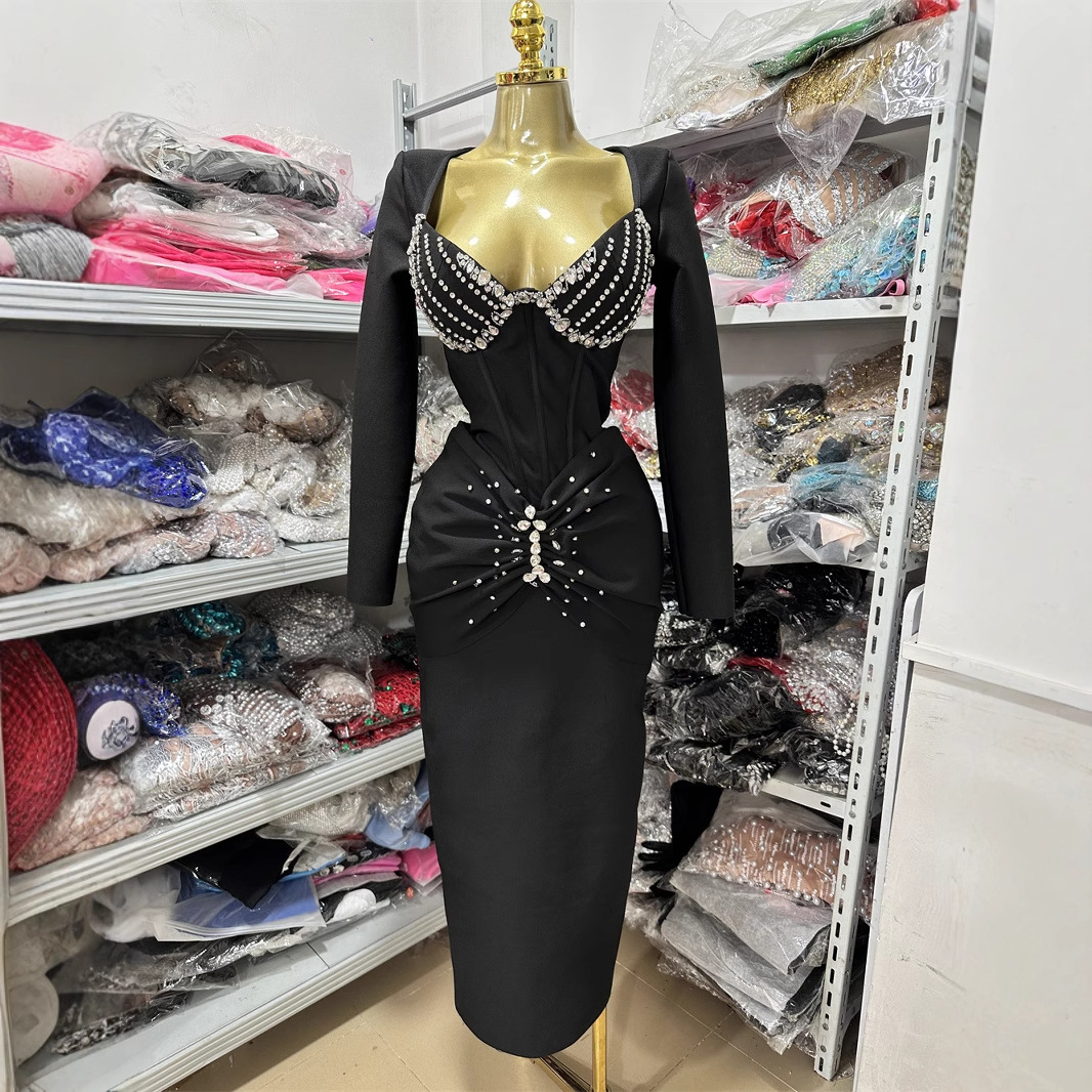Elegant Black Long Sleeve Bodycon Evening Dress With V-Neck, Rhinestone Embellishments, High Slit & Ruffle Details For Sli...