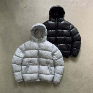 ​Men's Winter Puffer Jacket With Geometric Print, Thickened Hooded Short Coat, 80% White Duck Down Filling, Lightweight Po...