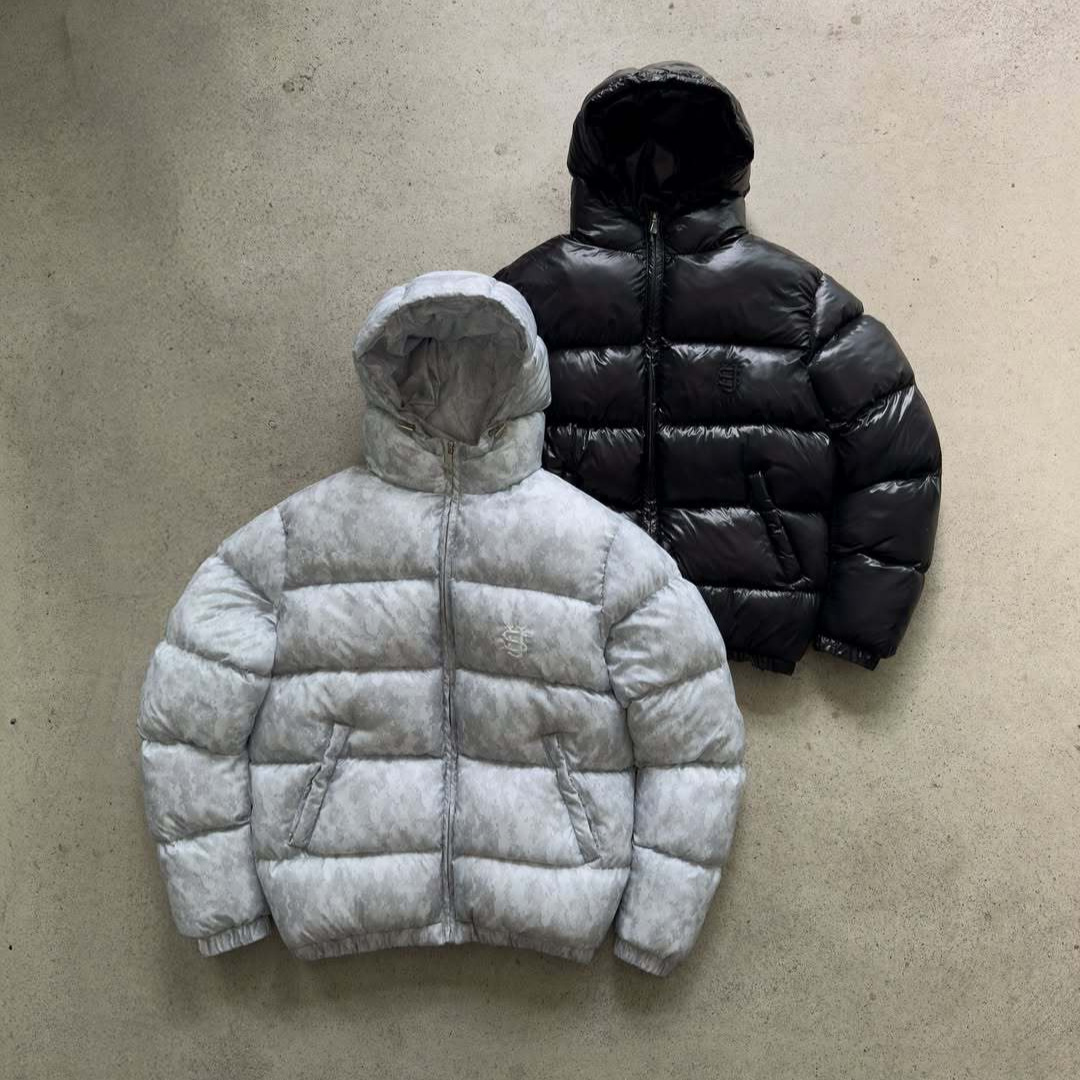 Men's Winter Puffer Jacket With Geometric Print, Thickened Hooded Short Coat, 80% White Duck Down Filling, Lightweight Po...