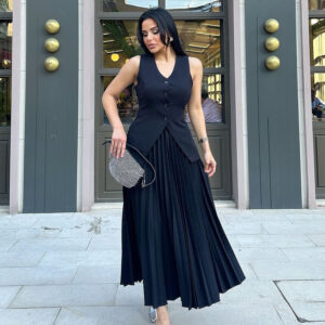European And American Suits For Women Summer Sleeveless Vest Slit Solid Color Large Swing Pleated Skirt Women's Clothing T...