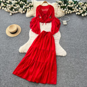 Women's French Style Red Ruffled Bell Sleeve V Neck Blouse And High Waisted Skirt Set Resort Inspired Two Piece Perfect Fo...