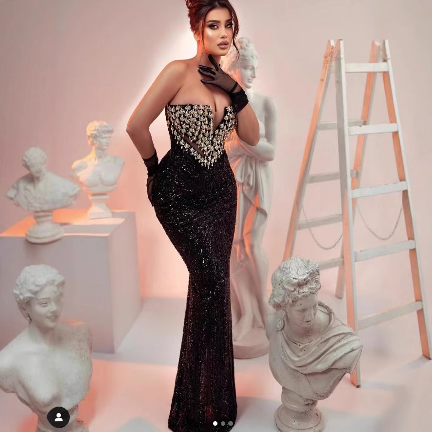 Elegant Sequin Embellished Strapless Bodycon Evening Dress For Parties & Galas – High Waist, Floor-Length, Stretch Polyest...