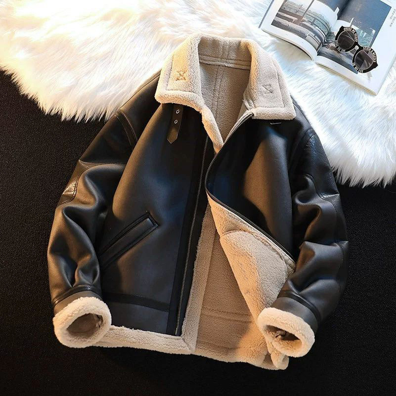Fur Integrated Jacket Men's Fleece Thickened Locomotive Clothing Brand Deerskin Fleece Jacket Cotton Clothing Lamb Fleece ...