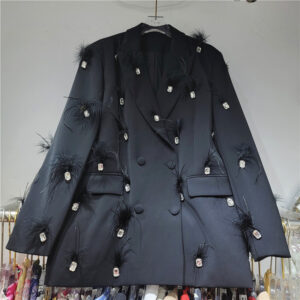 Women's Clothing High end French design rhinestone stitching feather double breasted loose ostrich feather suit jacket - D...