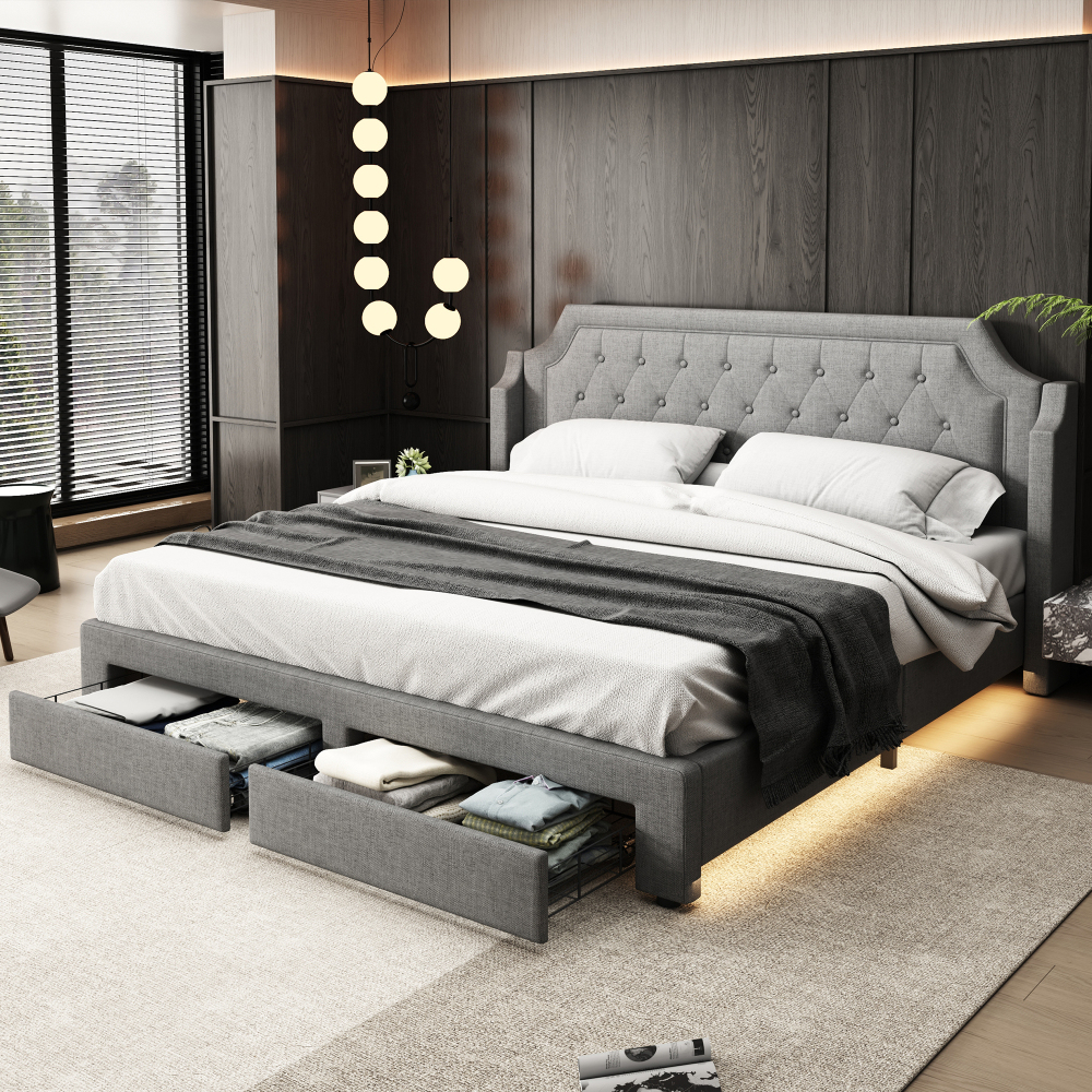 Polsterbett 180*200 Mit Lattenrost Und Kopfteil, Mit 2 Schubladen, LED-Bett, Jugendbett, Holzlattenunterstützung, Einfache...