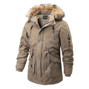 Cotton With Plush Men's Medium Length, Thickened Winter Multi Pocket Cotton Jacket, Woolen Collar Jacket For Warmth - Herr...