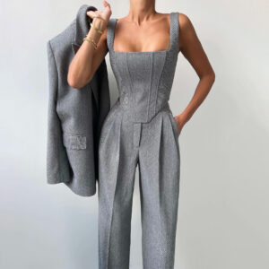 Women's Clothing Fashion Solid Color Waist Fishbone Shoulder Suit Three Piece Suit Women's Simple And Versatile Commuting ...