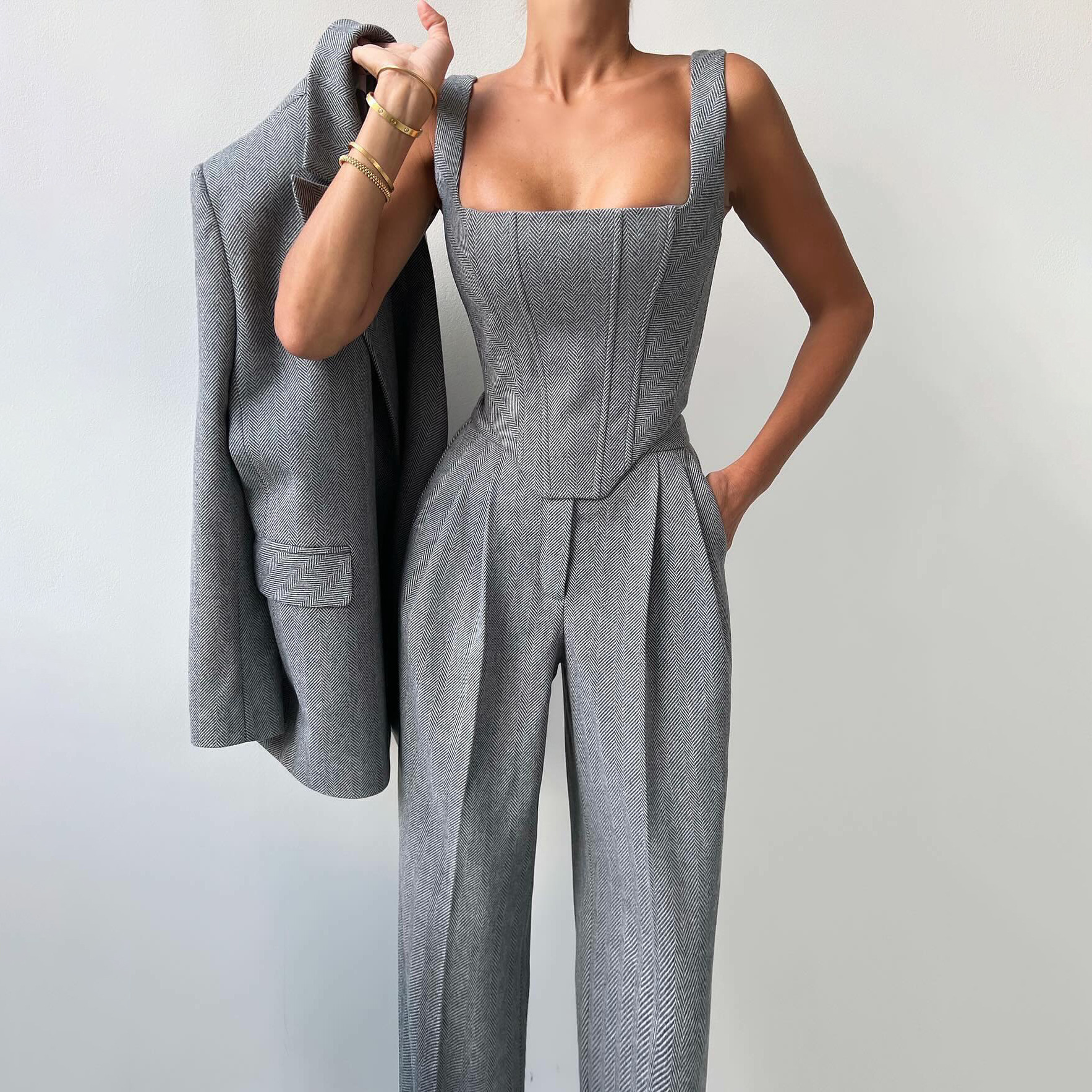 Women's Clothing Fashion Solid Color Waist Fishbone Shoulder Suit Three Piece Suit Women's Simple And Versatile Commuting ...
