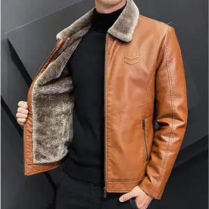 Winter Fashion Warmth Thickened Leather Jacket Lapel Solid Zipper Design Plus Size Men's Leather Jacket Bomber Fleece Coat...