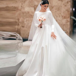Elegant Satin Long Sleeve Round Neck Wedding Dress With Train, Vintage-Inspired A-Line Bridal Gown For Classic Brides - Da...