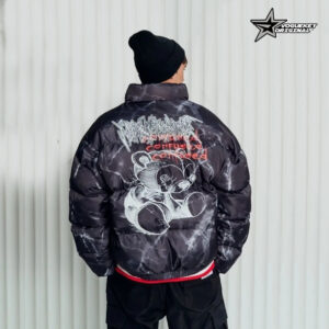 Men's Clothing Club American style dark bear graffiti print loose cotton jacket high street hip hop couple bread coat - He...