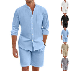 Men's Linen Shirt & Shorts Set - Long Sleeve Hawaiian Beach Wear, Loose Fit Casual Summer Outfit​ - Herrenbekleidung