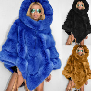 Women's solid color hooded faux fur stitching loose coat temperament commuter cloak women - Damenbekleidung