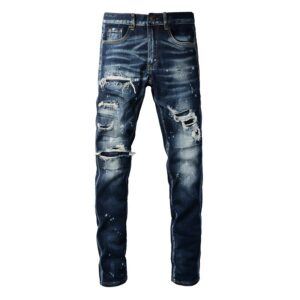 Men's Clothing Washed Old Cat Whisker Patch Hole Elastic Slim Fit Skinny Pants Ink Splash Jeans - Herrenbekleidung