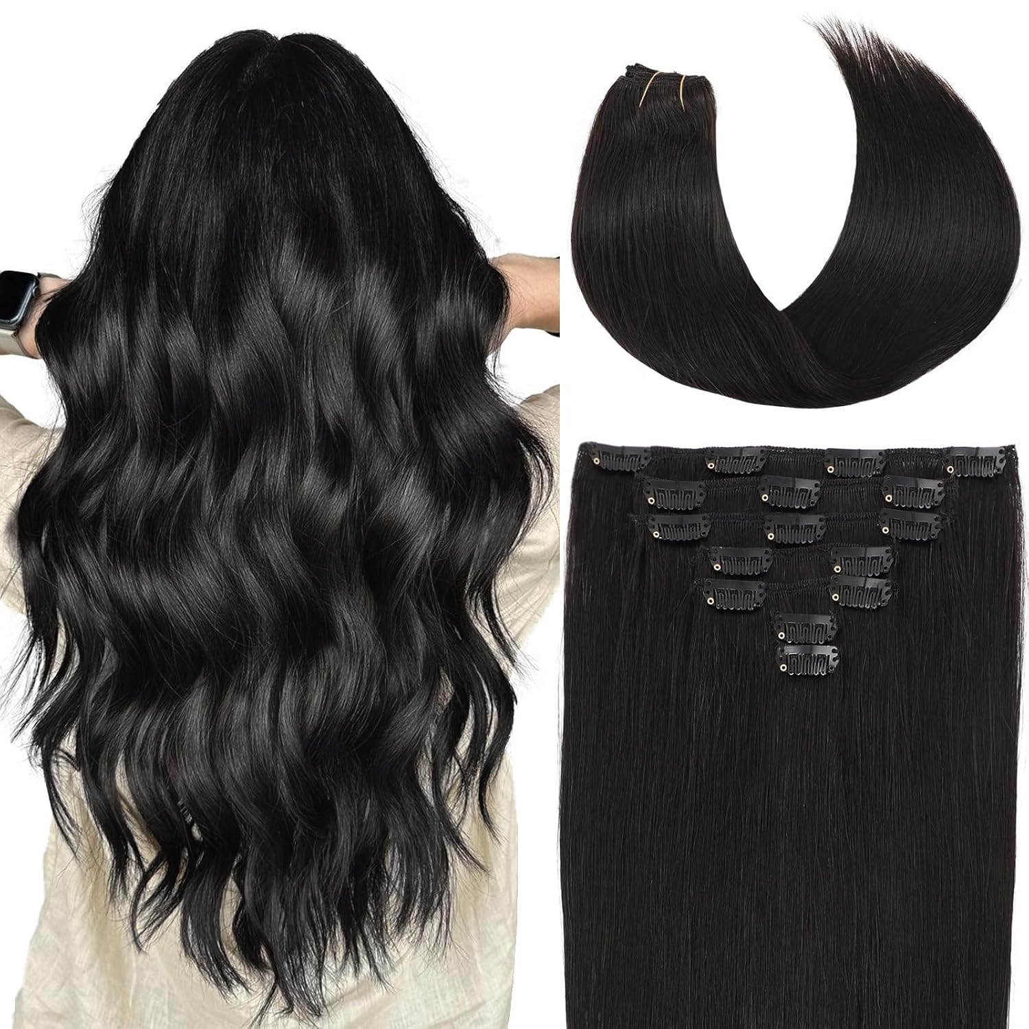 Clip In Hair Extensions Real Human Hair: Natural Soft Straight, Invisible Clip, Instant Volume/Length, Easy To Apply, Heat...
