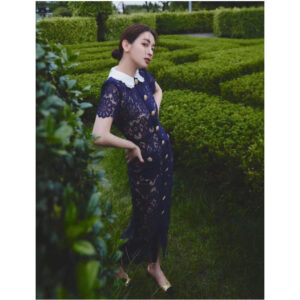Women's Lapel Single-breasted Flower Hollow Lace Elegant Temperament Intellectual Dress Long Dress - Damenbekleidung