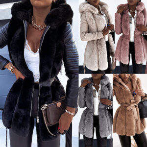 Women's fur coat Women's belted hooded solid color zipper jacket - Damenbekleidung | Technik & Gadgets