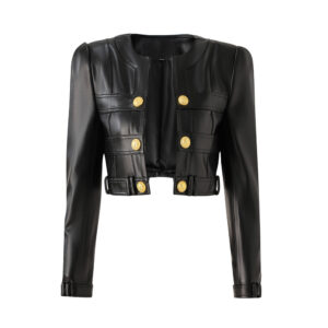 Women's PU leather stitching small round neck shoulder pad cardigan high street style small coat top temperament small jac...