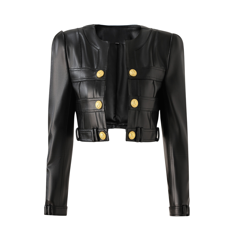 Women's PU leather stitching small round neck shoulder pad cardigan high street style small coat top temperament small jac...