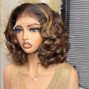 Ombre Blonde Short Bob 5x5 Glueless Human Hair Wigs 13x4 Transparent Lace Frontal Wigs Brown Loose Deep Wave Bob For Women...