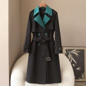 Elegant Double-Breasted Trench Coat For Women - Slim Fit Long Coat With Notch Lapel, Versatile & Stylish - Damenbekleidung