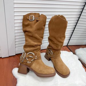 Belt buckle pile up for women 2024 soled thick heeled Western cowboy American matte knight Martin boots - Schuhe