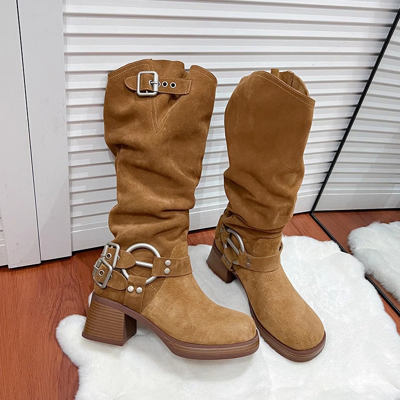 Belt buckle pile up for women 2024 soled thick heeled Western cowboy American matte knight Martin boots - Schuhe