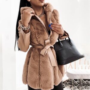 Women's Clothing fur jacket for women with belt and hooded solid color zipper jacket for women - Damenbekleidung