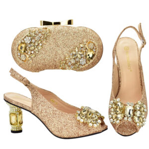 Frosted parquet diamond all-in-one round head fish mouth casual high-heeled fashion sandals with clutch set - Schuhe