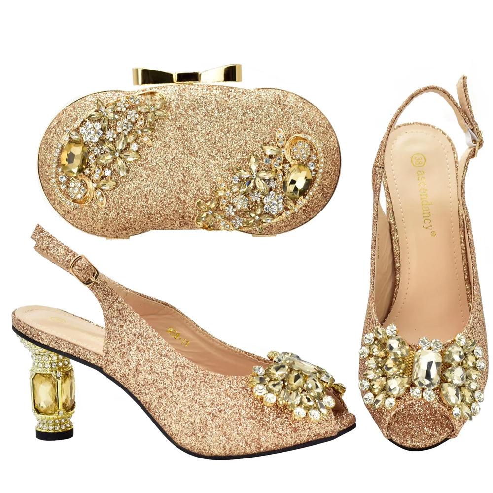 Frosted parquet diamond all-in-one round head fish mouth casual high-heeled fashion sandals with clutch set - Schuhe