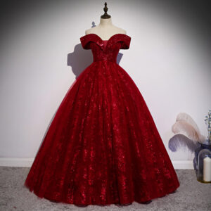 Scarlet Off-Shoulder Ball Gown – Elegant Corset-Back Prom Dress For Hosts, Pageants & Black Tie Events (Stretch Polyester,...