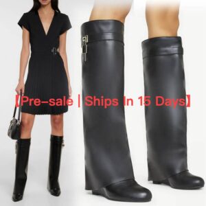 【Pre-sale | Ships In 15 Days】Vintage Large Round Pointed High Heel Metal Lock Wedge Pants Boots Plus Size Sleeve - Schuhe