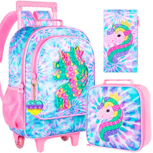 4PCS Rolling Backpack Girls,Kids Unicorn Backpacks Roller Wheels, Wheeled Bookbag With Lunch Box For Toddler Elementary - ...