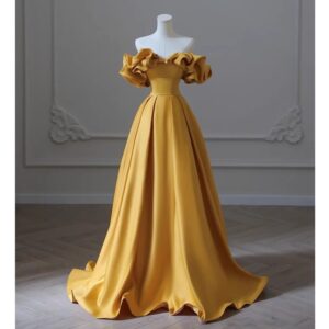 Women's Clothing One Shoulder Banquet Evening Dress For Women Satin Yellow Temperament Light Luxury Niche High End Art Exa...